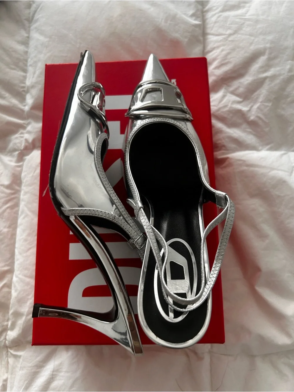 Diesel Silver Metallic Pointed Slingback Pumps with Buckle - Picture 5 of 6